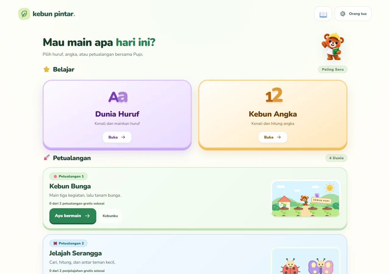 Kebun Pintar 1.2.0 home with letter and number activities and four Pupi adventures